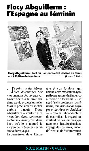 Article au sujet de l'exposition de peinture de Flocy Abguillerm à l'Office du tourisme de Cannes sur le thème de l'Andalousie 2007